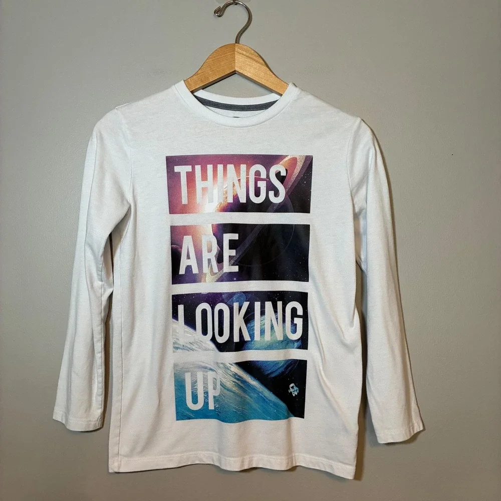 Old Navy Boys XL 14-16 White Long Sleeve Space Graphic Tee Things Are Looking Up